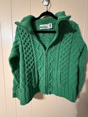 Aran Crafts Green Zip-Front Cable Knit Women's Sweater -